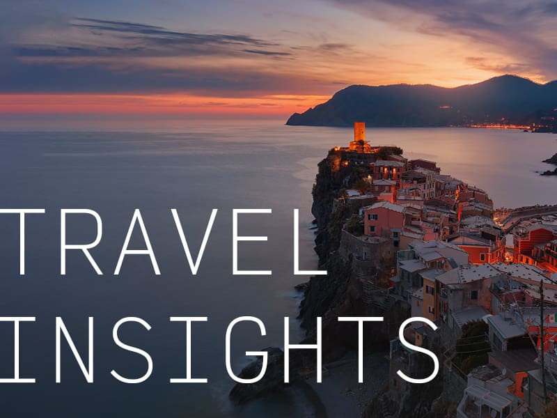 A coastal city on a cliff overlooking the ocean with the caption "Travel Insights".