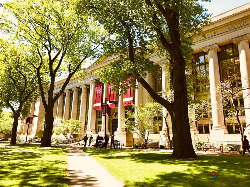 A university building with trees in front of it.